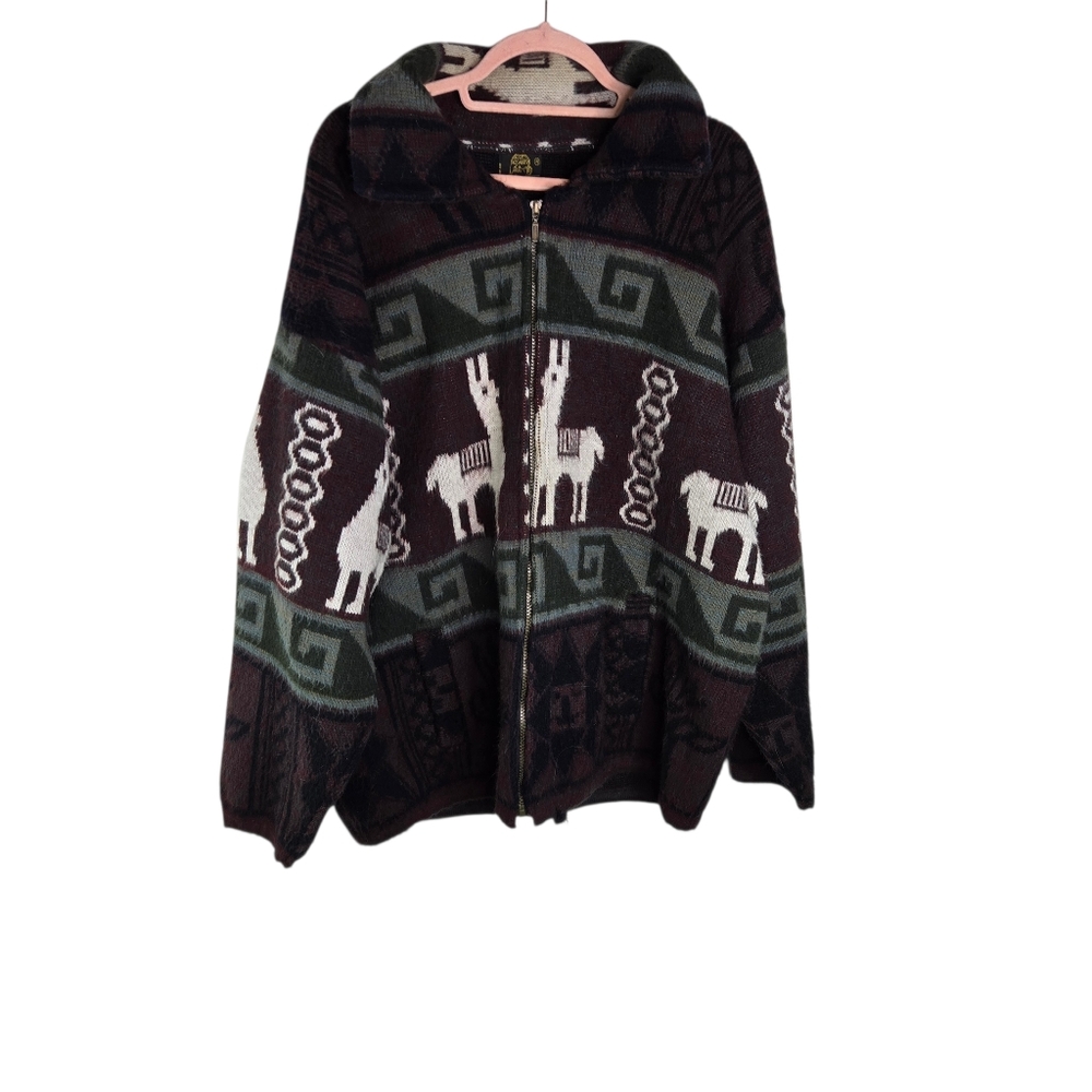 Vtg Tejidos Ruminahui Wool Alpaca Llama Hippie Hoodie Jacket